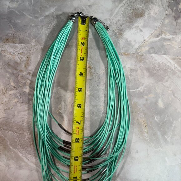 Multi-Strand Mint Green Cord Necklace Silver Tone Metal Accents & Lobster Clasp - Picture 5 of 7